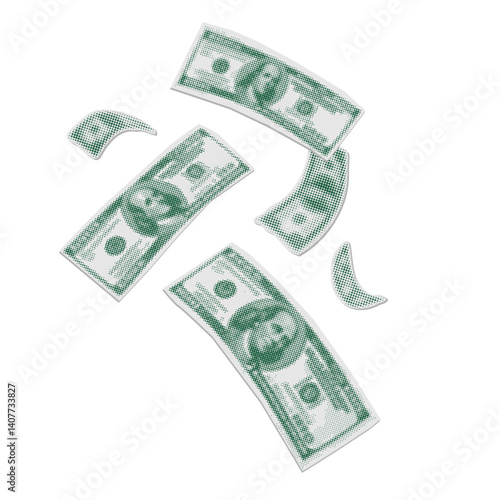 Paper Money halftone art collage cut outs set. Paper clippings - falling 100 dollar banknotes, cash. Modern retro mixed media vector illustration