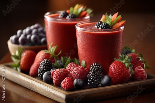 Fresh berry smoothies served with assorted fruits on a wooden platter in a cozy indoor setting