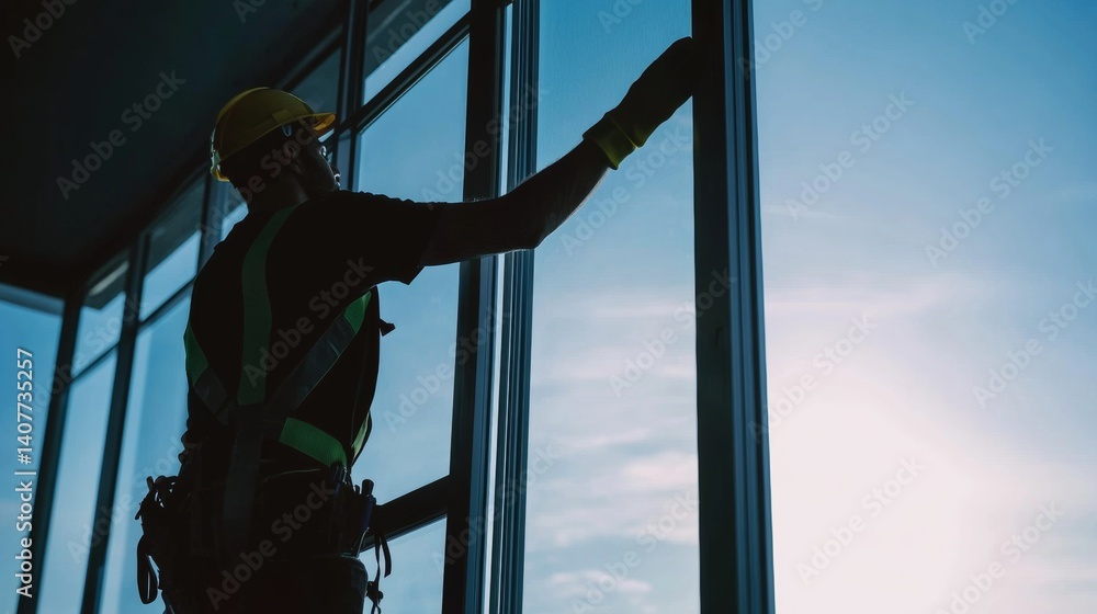 Construction worker sealing windows during building installation. Featuring precision and care Construction worker sealing windows during building installation. Featuring precision and care
