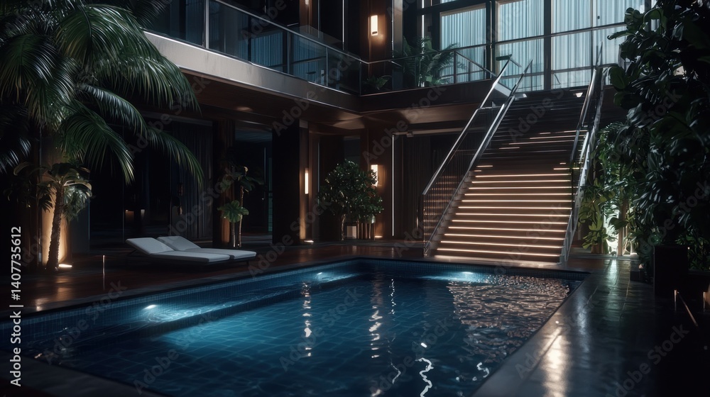 Fototapeta premium Luxurious indoor pool in a modern, dark-toned home at night with tropical plants