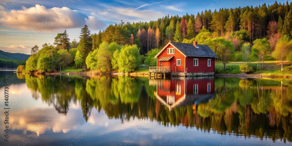 Obraz premium Rustic Red House Overlooking Serene Lake Scene , reflection, tranquil, reflection, tranquil, house, lake, landscape, wooden, peaceful