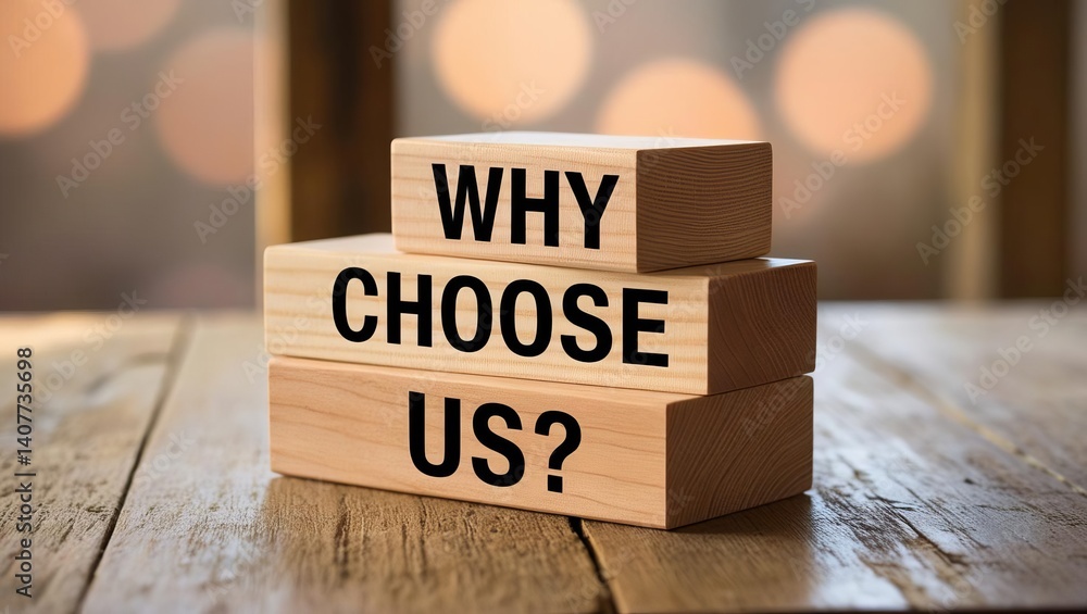 Inspiring stack of wooden blocks asking why choose us on rustic tabletop with soft natural lighting and earthy tones Inspiring stack of wooden blocks asking why choose us on rustic tabletop with soft natural lighting and earthy tones