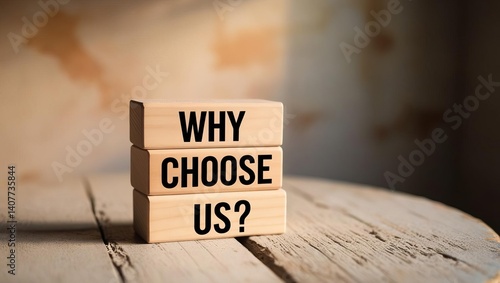 Thoughtful wooden block asking why choose us on rustic tabletop with soft natural lighting and warm earthy tones