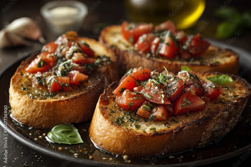 Delicious bruschetta topped with fresh tomatoes and basil served on toasted bread Delicious bruschetta topped with fresh tomatoes and basil served on toasted bread