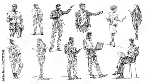 Sketched business professionals engaging in various activities and interactions. in scribble pencil style.