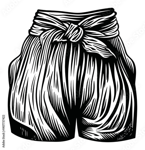 Detailed Woodcut Illustration of Artistic Shorts Design in Black and White