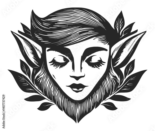 Enigmatic woodcut illustration of a mystical forest spirit