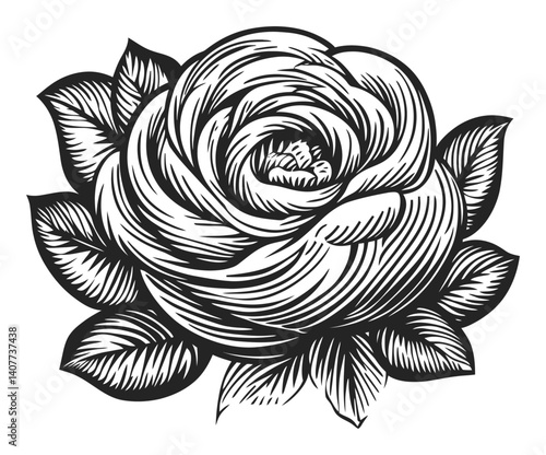 Detailed Woodcut Illustration of a Rose with Leaves Design