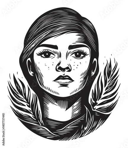Intricate Woodcut Style Portrait of a Young Woman with Leaves