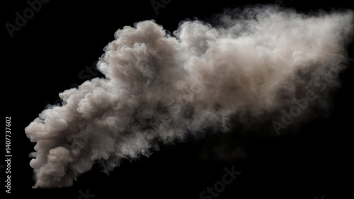 Dense and Large Plume of billowing Smoke with varying shades of gray and white spreading out on a Black Background