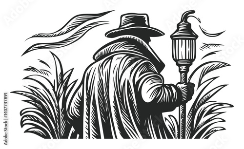 Mysterious Figure with Lantern Surrounded by Tall Grass