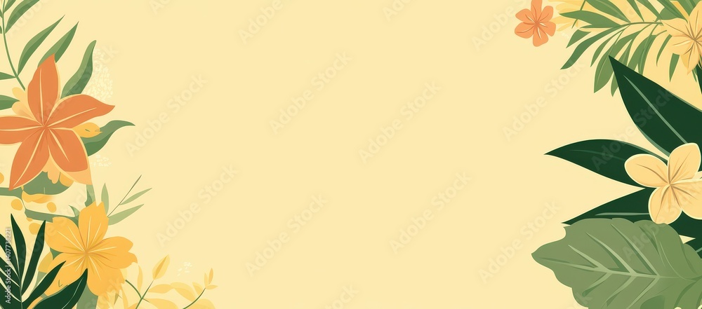Tropical leaves flowers flat vector background with copy space, pastel geometric patterns and simple floral motifs for modern branding Tropical leaves flowers flat vector background with copy space, pastel geometric patterns and simple floral motifs for modern branding