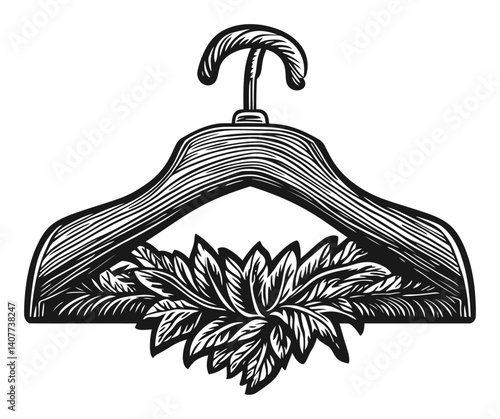 Elegant Woodcut Design of a Clothes Hanger with Leaf Detail