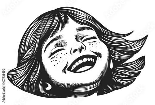 Joyful Child Woodcut Illustration with Freckles and Laughter