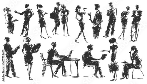 Stylized sketch of business people in various office scenarios and interactions. in scribble pencil style.