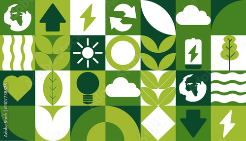 Ecology icons pattern background. Eco-friendly green icons. Vector illustration. 