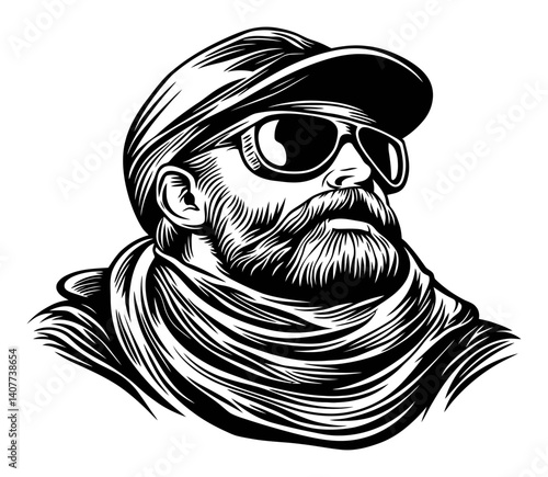 Stylish Man in Sunglasses with Beard and Scarf Woodcut Illustration