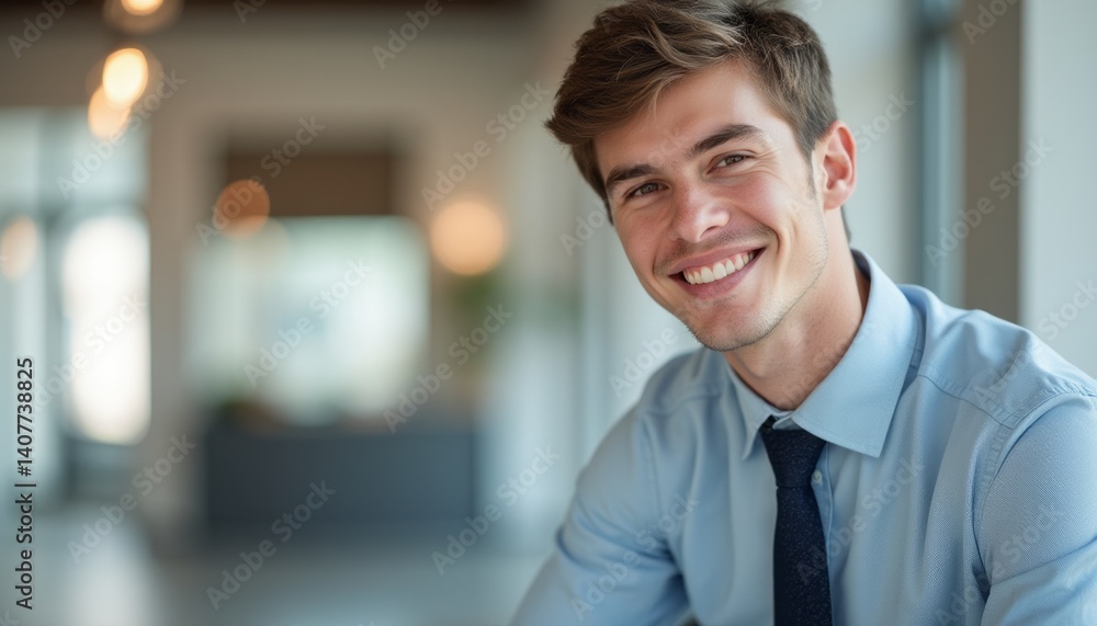 A cheerful young man with light brown hair and a stylish blue shirt beams with confidence in a contemporary office environment. His warm smile radiates positivity, inviting connection and showcasing A cheerful young man with light brown hair and a stylish blue shirt beams with confidence in a contemporary office environment. His warm smile radiates positivity, inviting connection and showcasing