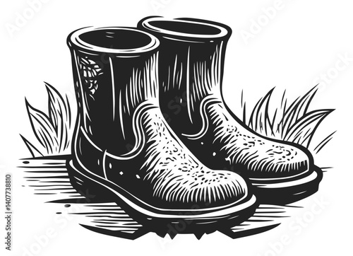 Detailed Woodcut Illustration of Classic Rubber Boots in Nature