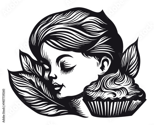 Vintage Woodcut Illustration of a Girl with Cupcake and Leaves
