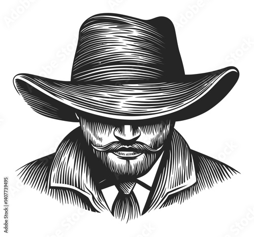 Intricate Woodcut Illustration of a Mysterious Hat-Wearing Man