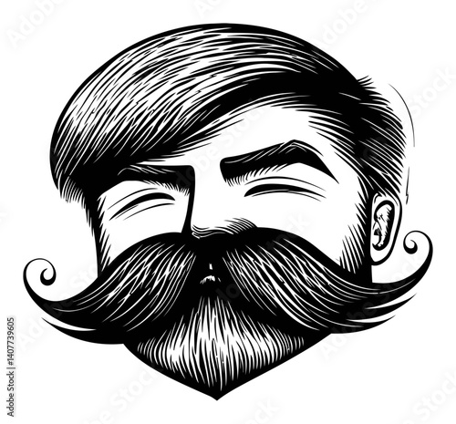 Vintage Woodcut Style Illustration of a Mustachioed Man's Face