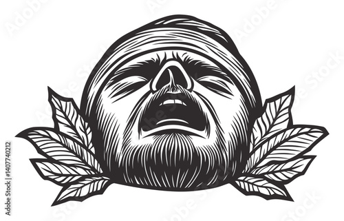Expressive Woodcut Style Portrait with Leaves and Bandaged Head