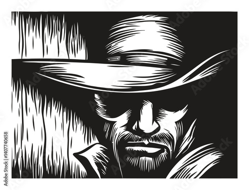 Intricate Woodcut Illustration of Somber Cowboy with Hat