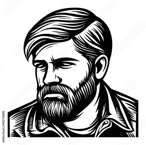 Detailed Woodcut Portrait of a Bearded Man with Strong Features