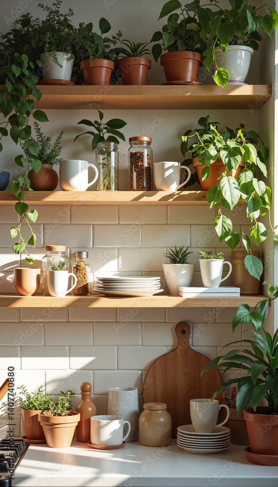 Cozy kitchen shelves with plants and tableware in natural light Cozy kitchen shelves with plants and tableware in natural light