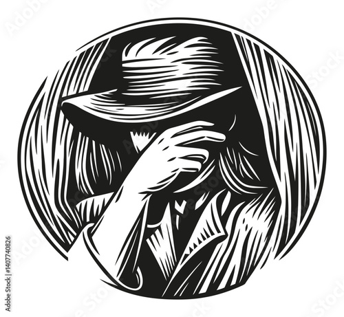 Elegant Woodcut Illustration of a Mysterious Figure with Hat