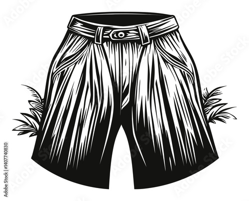 Artistic Woodcut Style Illustration of Classic Beach Shorts Design