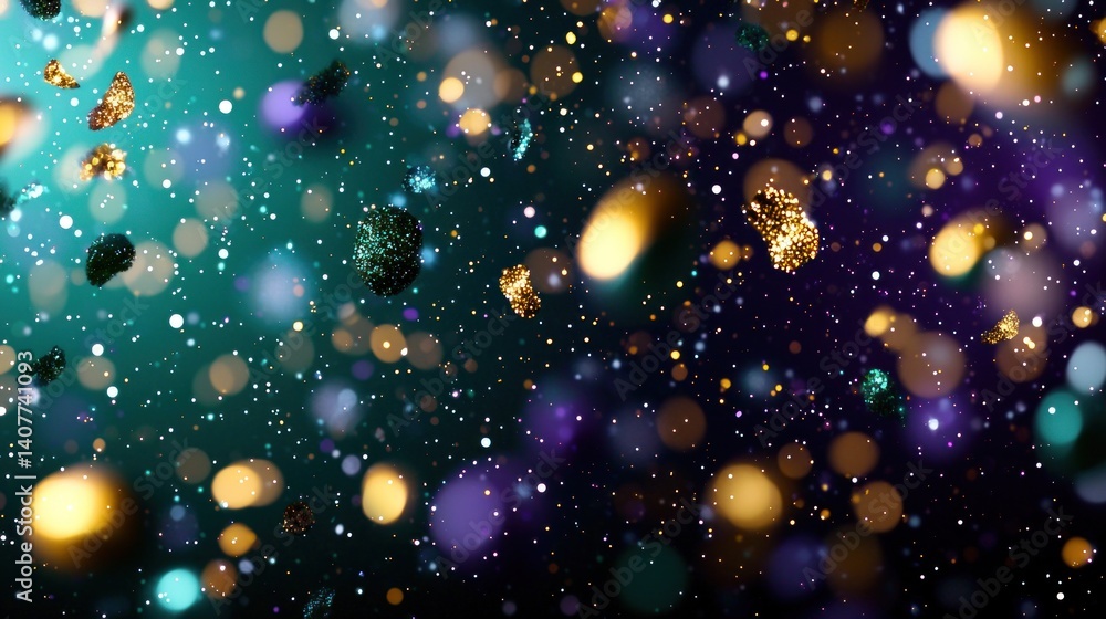 Festive confetti falling in bokeh lights, teal, purple, and gold Festive confetti falling in bokeh lights, teal, purple, and gold