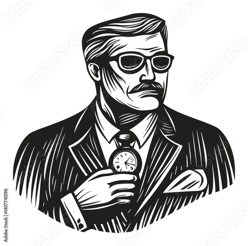 Vintage Woodcut Style Illustration of a Stylish Man with Sunglasses