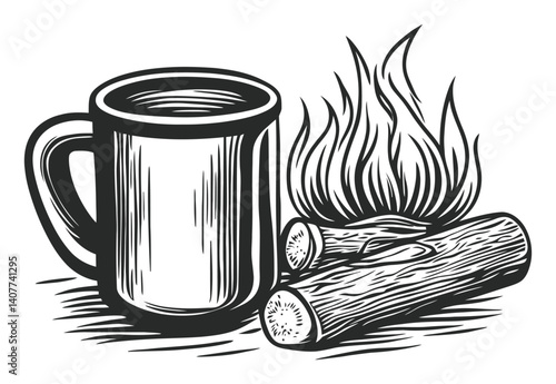 Rustic Woodcut Image of a Campfire with a Mug and Logs
