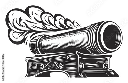 Historical Woodcut Style Illustration of a Cannon Firing Smoke