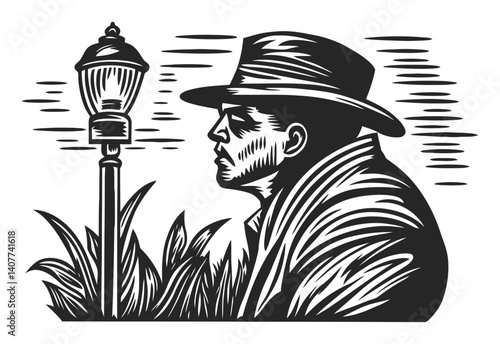 Man in Hat Near Lamp Post in Woodcut Style Art Print