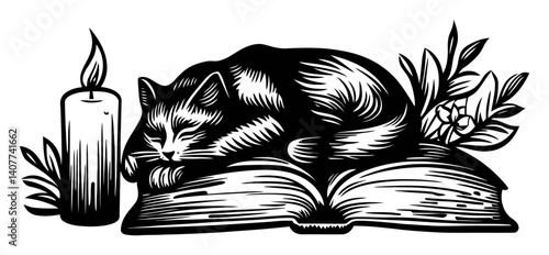 Cozy Cat Sleeping on Open Book with Candle and Floral Accents