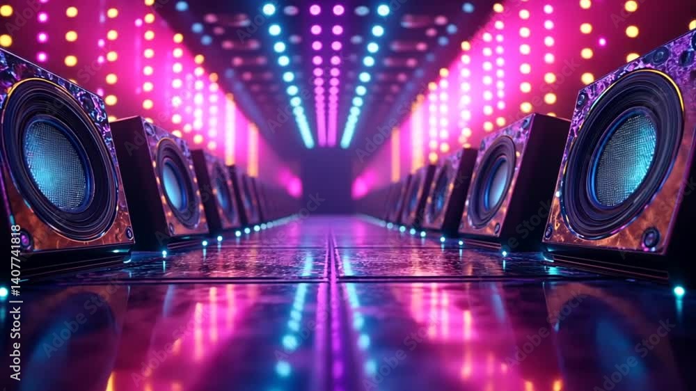 Immersive audio experience seamless loop visual journey through a dazzling speaker lined pathway