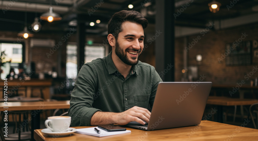 Happy man working on laptop in cafe smiling enjoying coffee break warm lighting cozy atmosphere Happy man working on laptop in cafe smiling enjoying coffee break warm lighting cozy atmosphere
