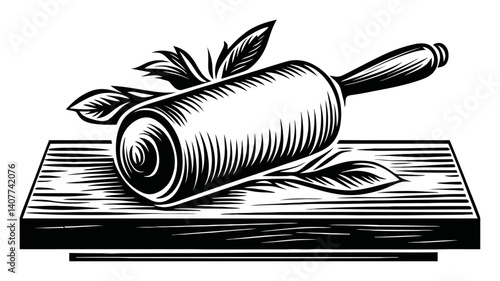 Wooden Rolling Pin on a Cutting Board with Leaves Design