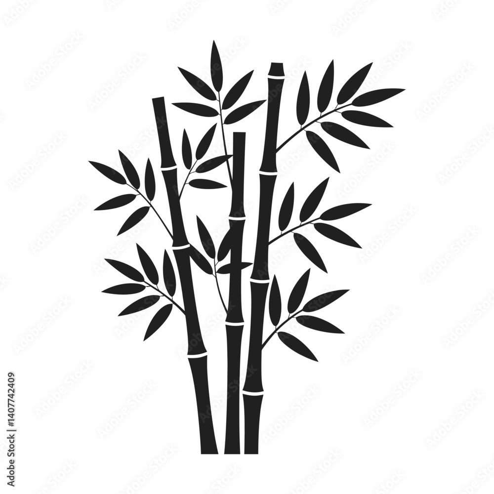 A clean, graphic illustration of several bamboo stalks and leaves in a silhouette style.
