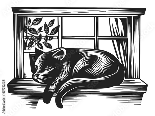 Serene Cat Relaxing on a Window Sill in a Woodcut Style Artwork