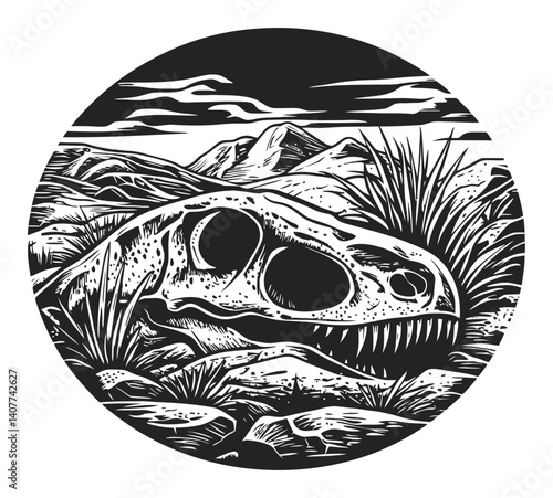 Intricate Woodcut Illustration of a Dinosaur Skull in a Rocky Landscape