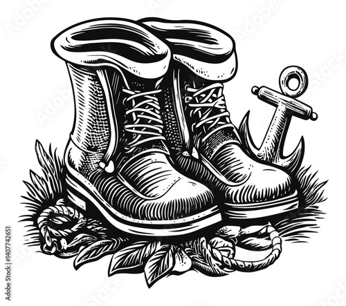 Vintage Woodcut Style Illustration of Boots and Anchor on Grass