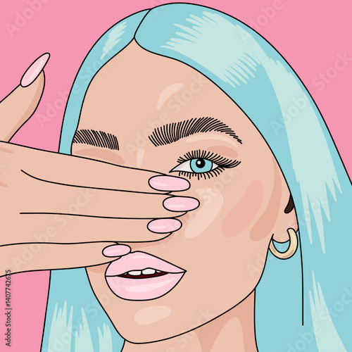Portrait of a Girl With Blue Hair and blue Eyes, Pink Nails and Lips Covering Her Eye and Nose