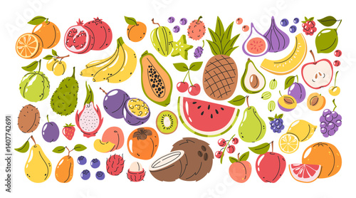 Hand drawn fruits set with variety of natural organic traditional and exotic vegetarian food