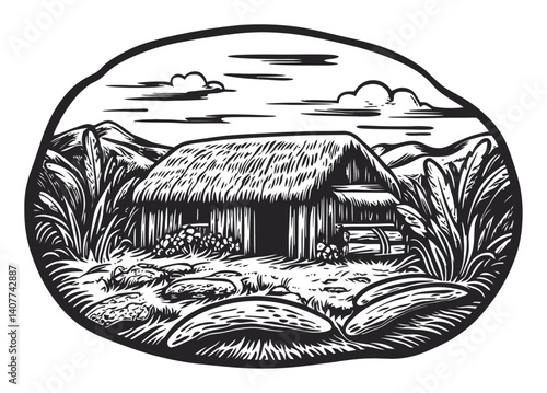 Rustic Wooden Cabin Surrounded by Nature in a Detailed Woodcut Style