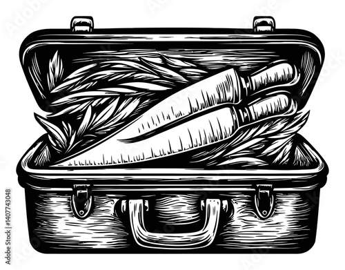 Vintage Woodcut Artwork of Knives and Leaves in an Open Suitcase