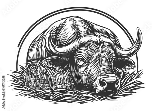 Detailed Woodcut Illustration of a Resting Water Buffalo in Hay